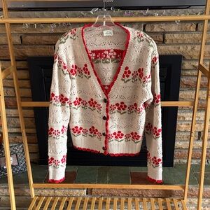 Vintage Floral Knit Button-Up Cardigan Sweater - Cream and Red